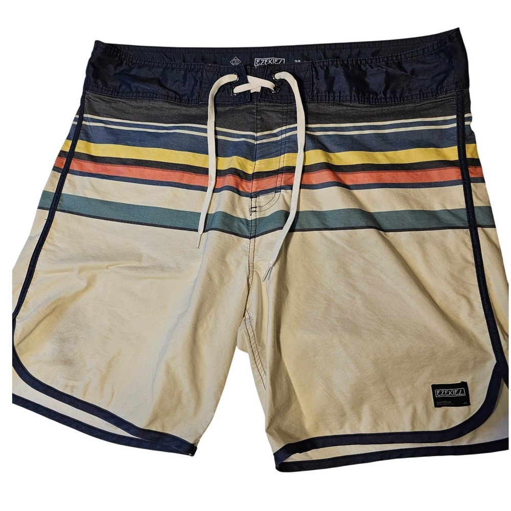 Ezekiel Mens Striped Board Shorts Tan Navy Yellow Size 38 ER221095N Swim Trunks